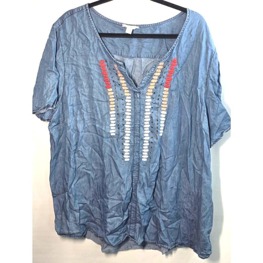 Cato Top Plus Size 26/28W 26 28 W Chambray Tunic Embroidered Lt Weight Denim Lk